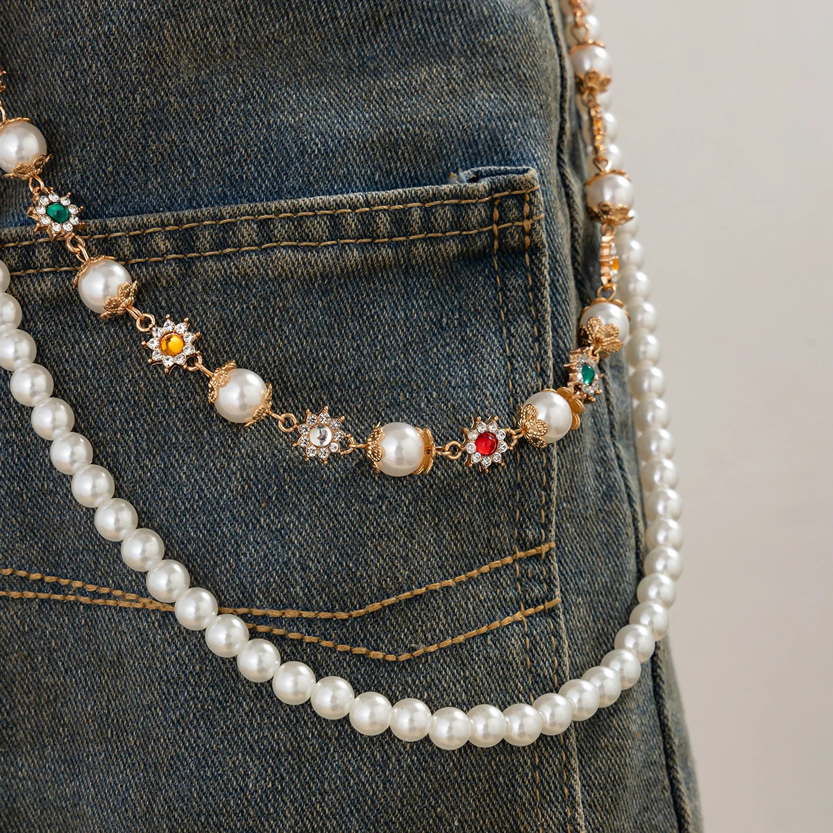 Salircon Exquisite Pearl Keychain Wallet Belt Chain Men Women Punk Trousers Hipster Pant Chain HipHop Jewelry 250616