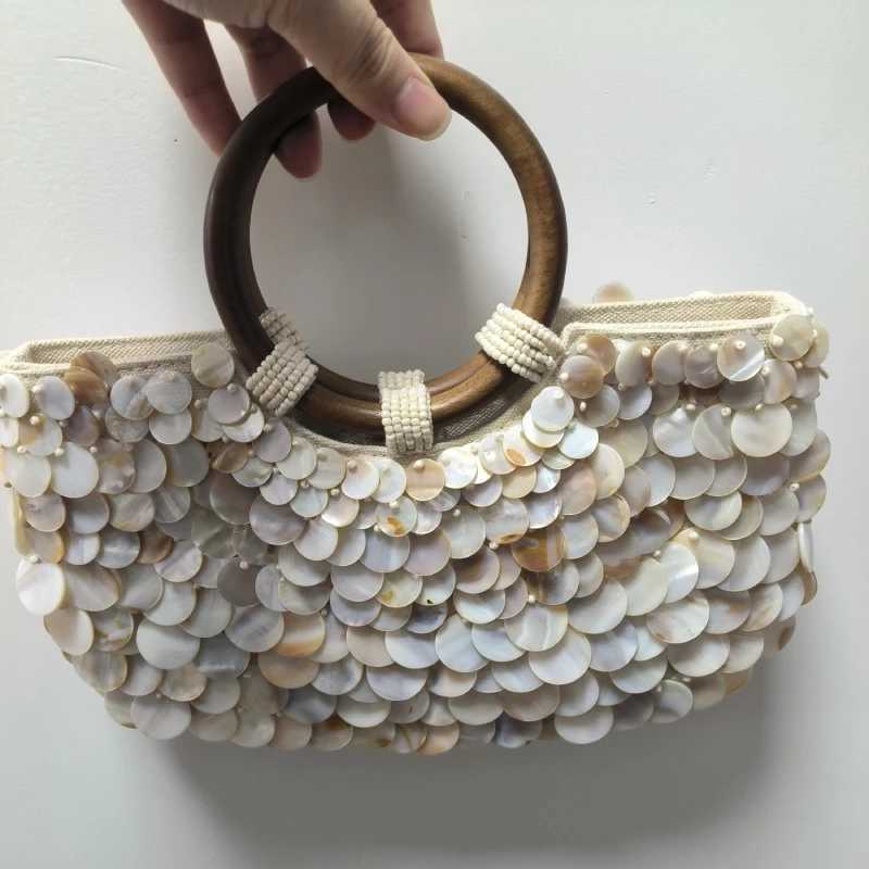 Designer Fairy Shell Handbag Handmade Round Sequin Wooden Handle Tote Bag Women Exquisite Beach Travel Vacation Purse Z250617