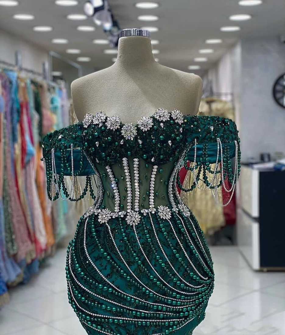 Aso Ebi Evening Dresses For Black Women Hunter Green Beaded Tassel Evening Gowns Beading Customized Red Carpet Dress