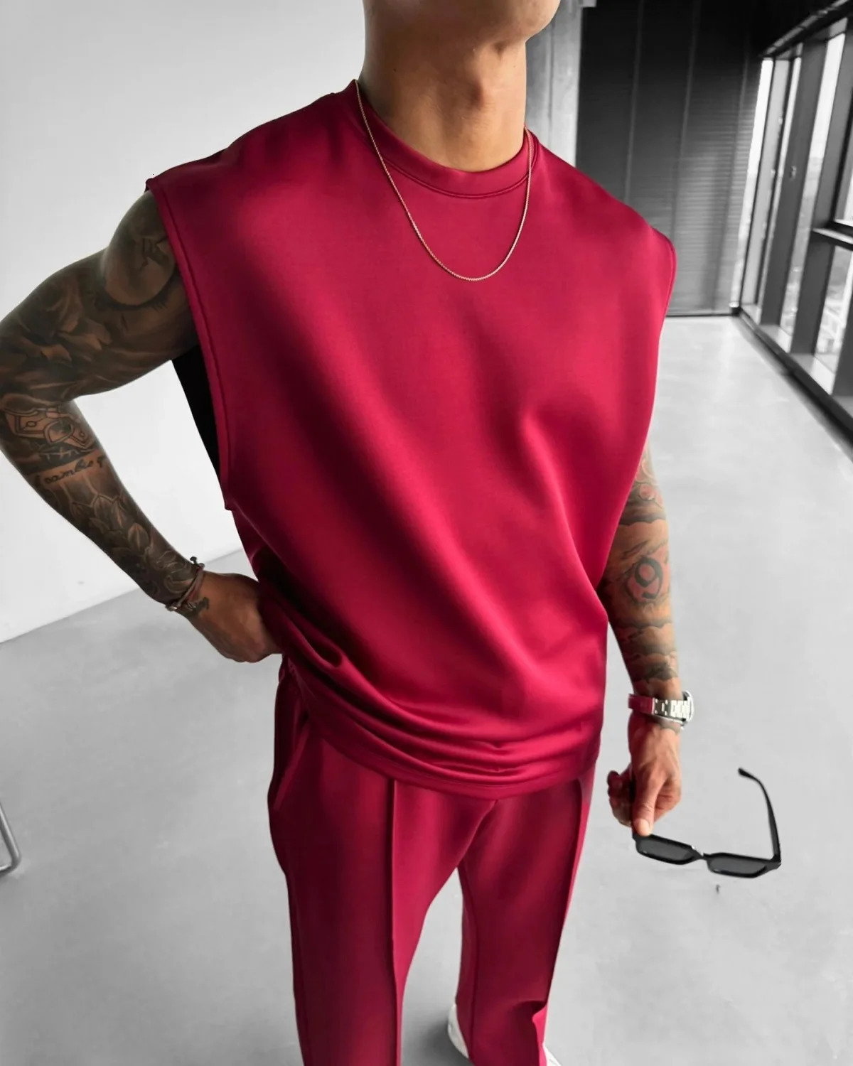summer sleeveless sports suit 2025 mens casual solid color trousers mens clothing vest two-piece set 250616