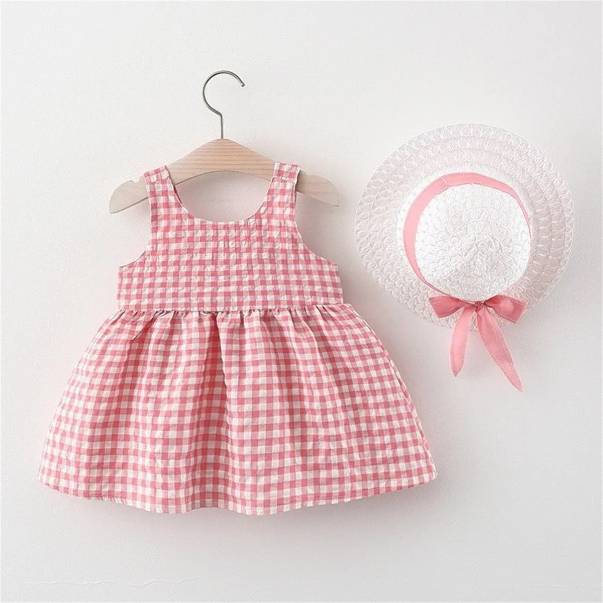 2Pcs/Set Baby Girl Plaid Sweet Bow Summer Birthday Party Dress Toddler Kids Outfits 0 To 3 Years Children Clothes Suit Hat 250617
