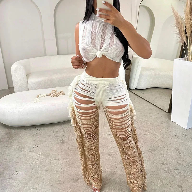 Gradient Color Crochet Two Piece Set for Women Summer Beach Crop Top and Wide Leg Pants Tassel Hollow Out Hole Vacation Outfits 250616