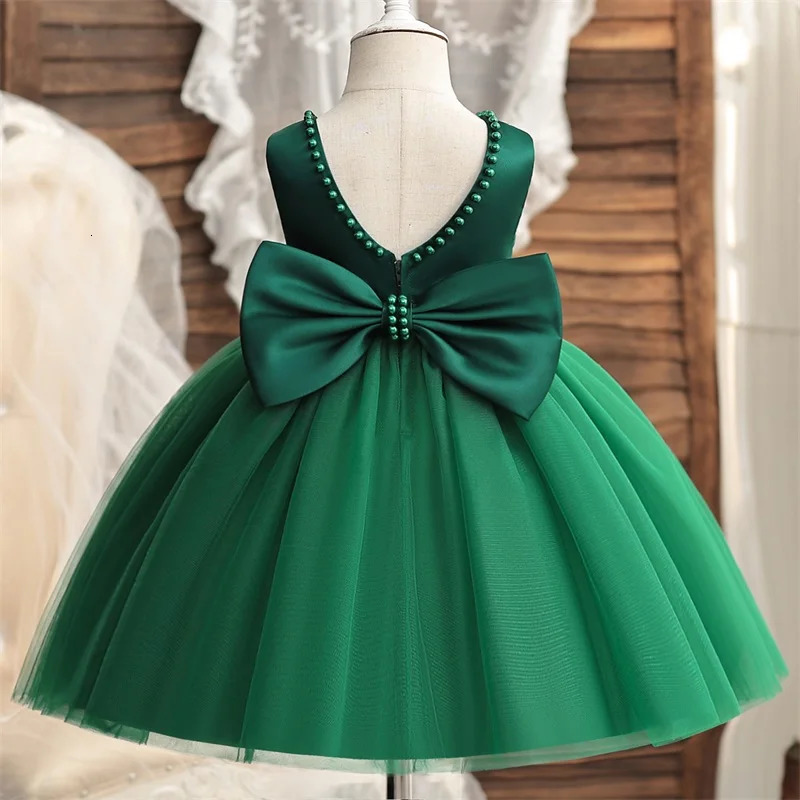 Baby Girl Dress Big Bow Pearls Backless 1st Birthday Party Dress Infant Girl Princess Wedding Tulle Gown Baptism Dress for 1-5Y 250617