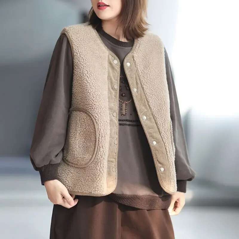 Warm Lady Lamb Plush Giletes Splicing Cold Demi-season Youthful Trend 2025 Womens Vests Autumn Lightweight Padded Sleeveless