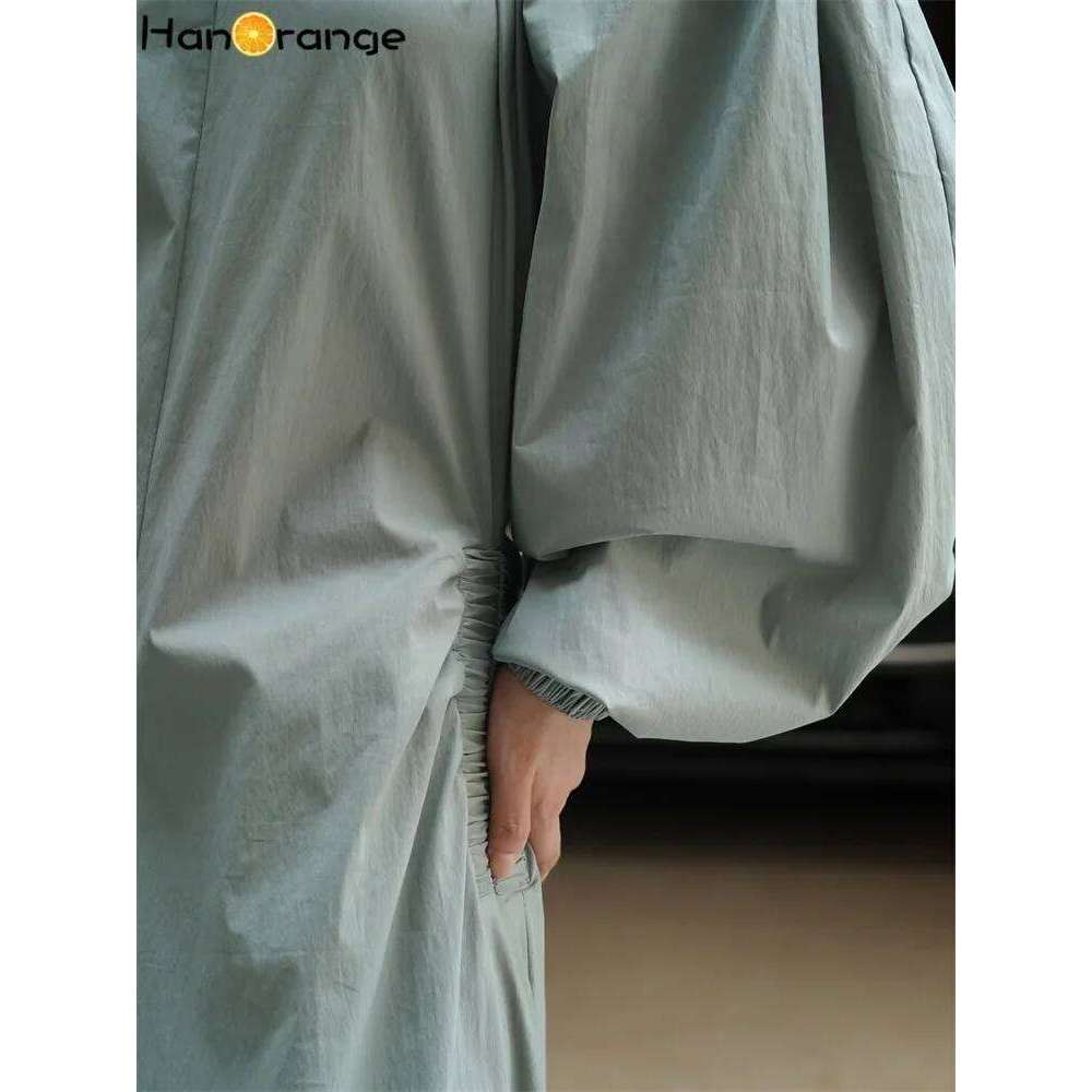 HanOrange 2024 Early Autumn Puff Sleeve Boat Neck High Waist Umbrella Dress Black/Gray Green