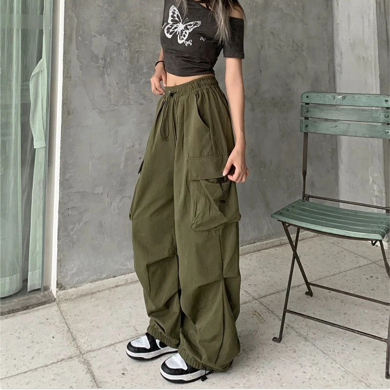 Casual Joggers Cargo Pants Women Solid Low Waist Pants Drawstring Wide Leg Baggy Trousers Y2k Streetwear Oversize Sweatpants 250616
