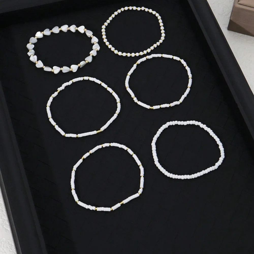 6pcs Set Of Delicate White Bead Heart Shell Handmade Beaded Elastic MultiLayer Bracelets For Valentines gift B082 250613
