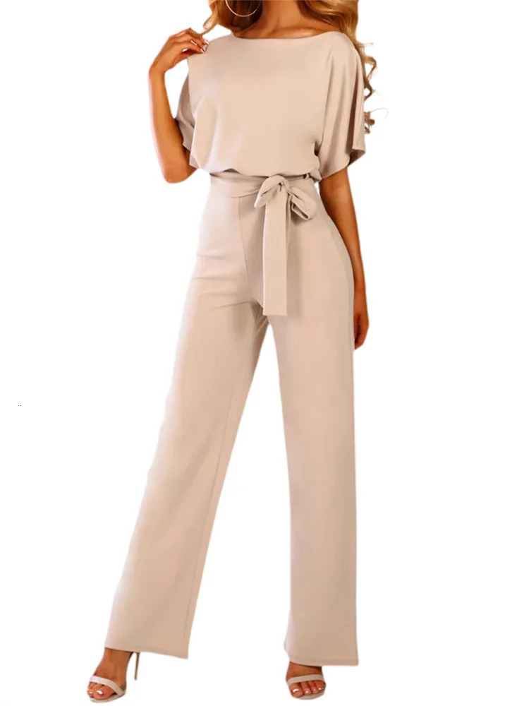 Women Jumpsuits Elegant Solid Color Flare Short Sleeve Waist Tie Wide Leg Pants Romper Summer Streetwear 250616