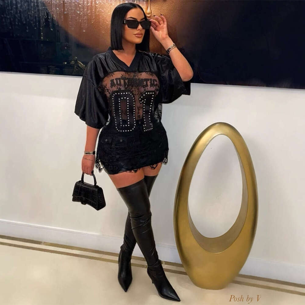 Autumn New Printed Loose Casual Street See-Through Sexy Lace Patchwork T-Shirt Short Sleeve Top B5