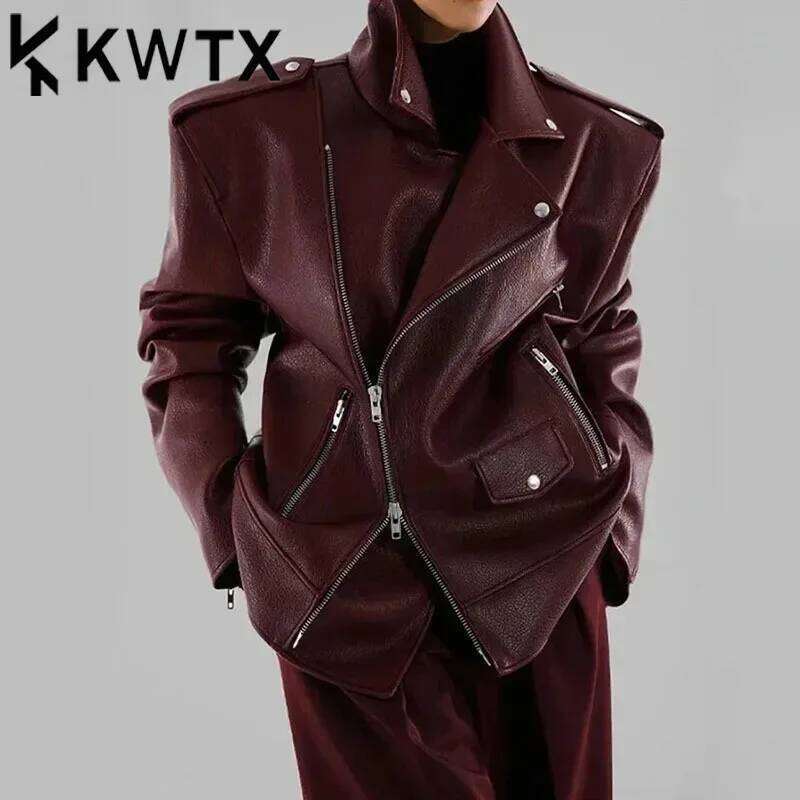 KWTX Solid Splicing Pocket For Women Flip Collar Long Sleeve Designer Leather Jacket Women's Fashion New