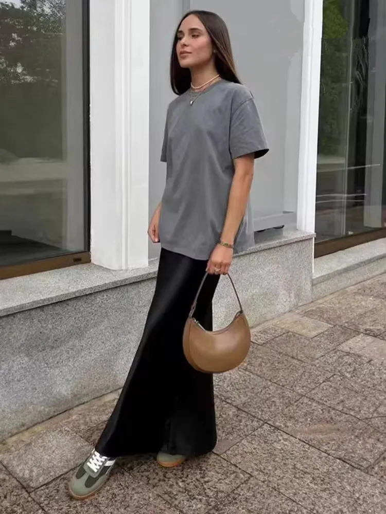 Pink Midi Skirts Women Fashion Elastic Waist Black Skirt Autumn Casual High Waist Satin Long Skirt Womens Chic Skirts 250614