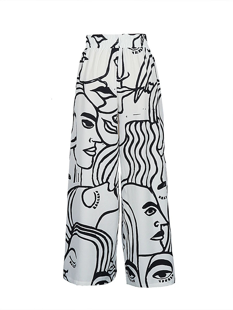 Summer plus Size 5XL Wide Leg Pants Contrast Print Pattern Fashionable Trendy Versatile Womens Elastic Waist Casual Trousers 250609