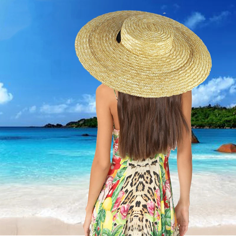 Wide Brim Straw Hat For Women Long Ribbon Ladies Beach Hat Summer Sun Visor Cap Flat Top Large Brim Tie Straw Hat 250616