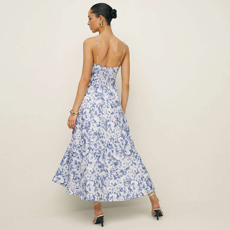 Buttock Dresses for Woman Party Wedding Guest Dress for Women 796 Summer New 2025 Printed Square Neck Slim Fit Strap Midi Dress Linen Vacation Style W