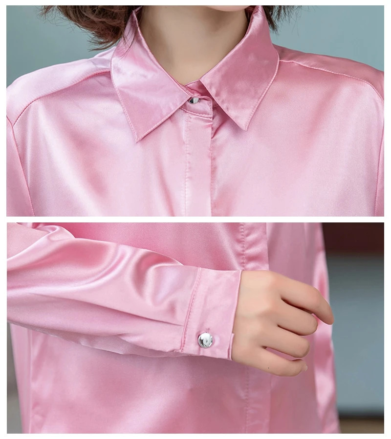 Elegant Office Ladies Work Shirt Women Blouse Long Sleeve Lapel Hidden Buttons Bright Basic Satin Silk Women Shirt Female Tops 250616