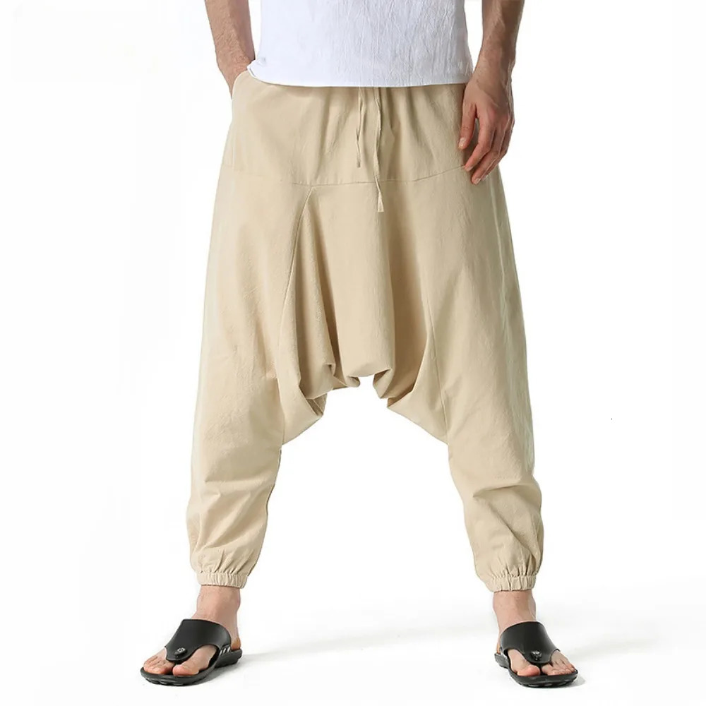 Men Cotton and Linen Pants Harem Pants Baggy Casual Oversize Loose Joggers Wide Leg Pants Yoga Drop Crotch Trousers Hip Hop 250614