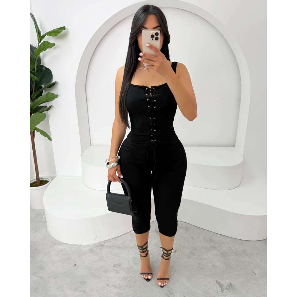 Summer New Style Hot Girl Front Tie Strap Vest And Shorts Set Women's Fashion B5