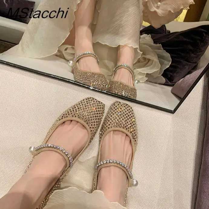 Mesh Crystal Pearl Flat Shoes Woman Square Toe Office Lady Shoes Big Size Mary Janes Shoes 2025 New Spring Single Shoes Z250617
