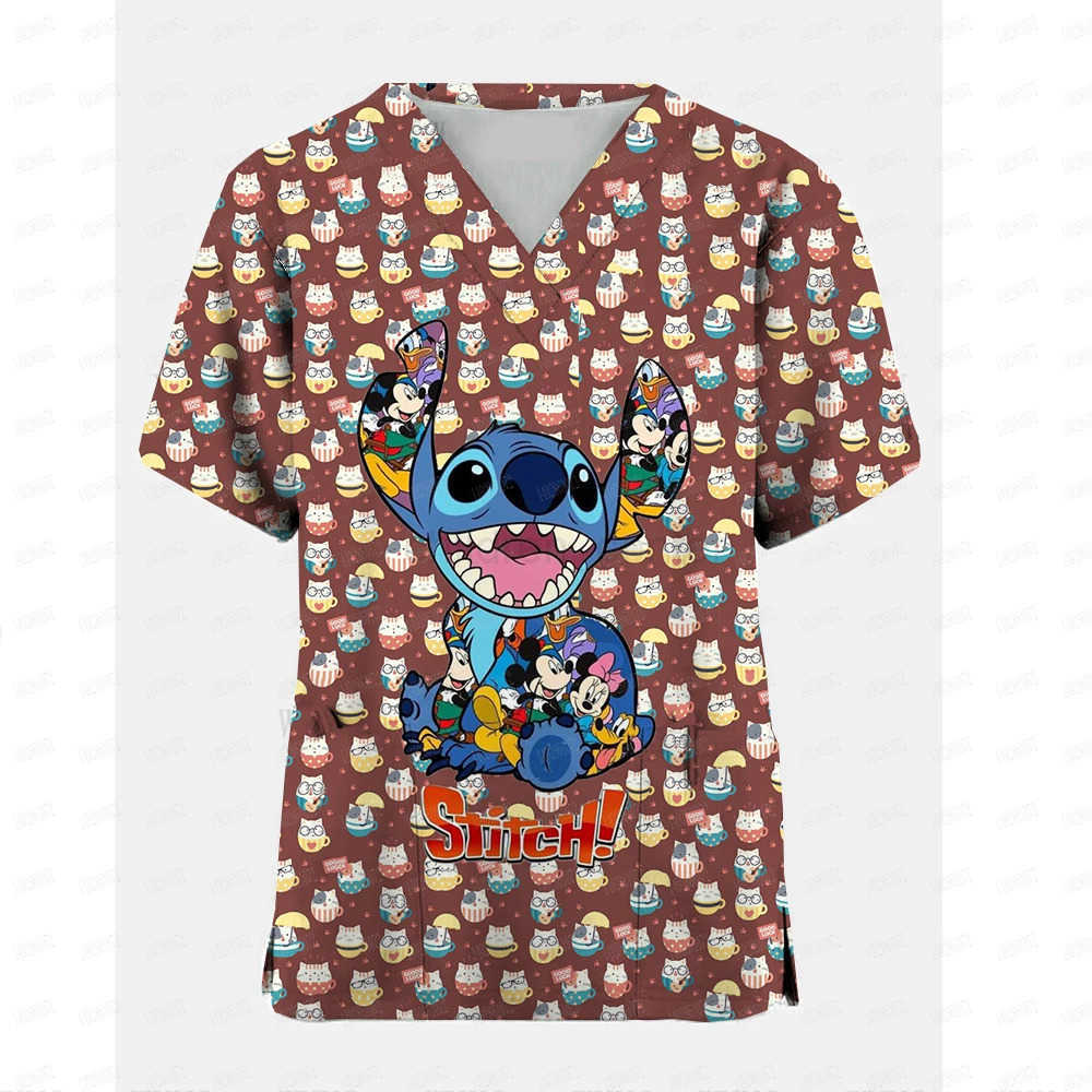 Disney Stitch V Neck Nurse Uniform T-shirt For Girls Womens Hospital Wear T Shirts Woman Pocket Clothes Lady Short Sleeve Top W250617