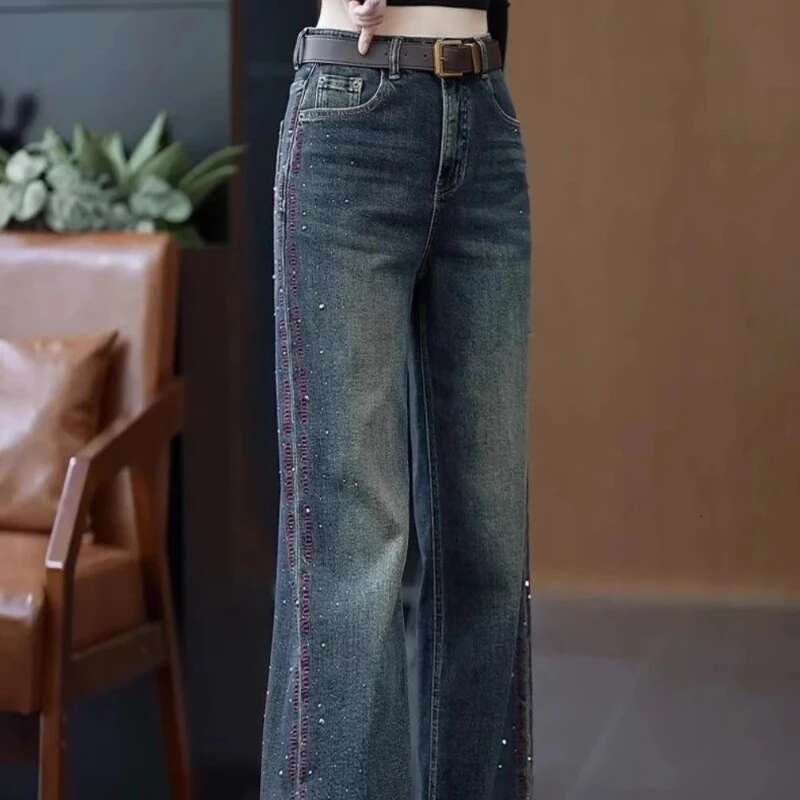 Womens Jeans Wide Leg Medium Female Cowboy Pants Waist Wash on Sale Teenagers Shiny Top Selling Vintage Wholesale Emo Trousers