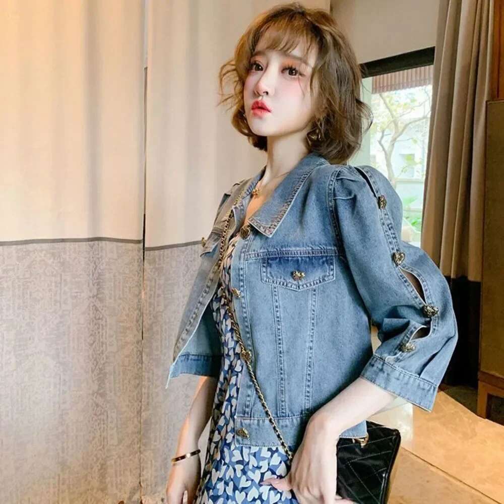 Plain Denim Jacket for Women Slim Korean Long Sleeve Youthful Clothes in Promotion Luxury on Sale Original New Cowboy Coat Woman