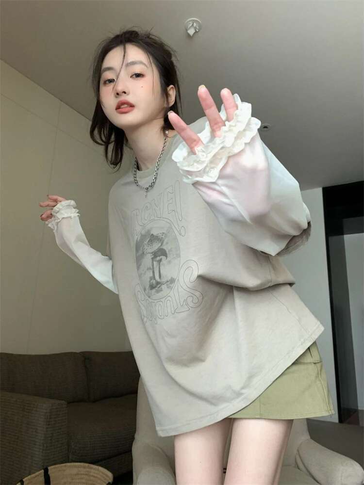 Female Tops Tshirts 2025 With Print Grey Graphic Loose Womens T Shirts Offer Elegant Classy Clothes Aesthetic Funny New In Tees