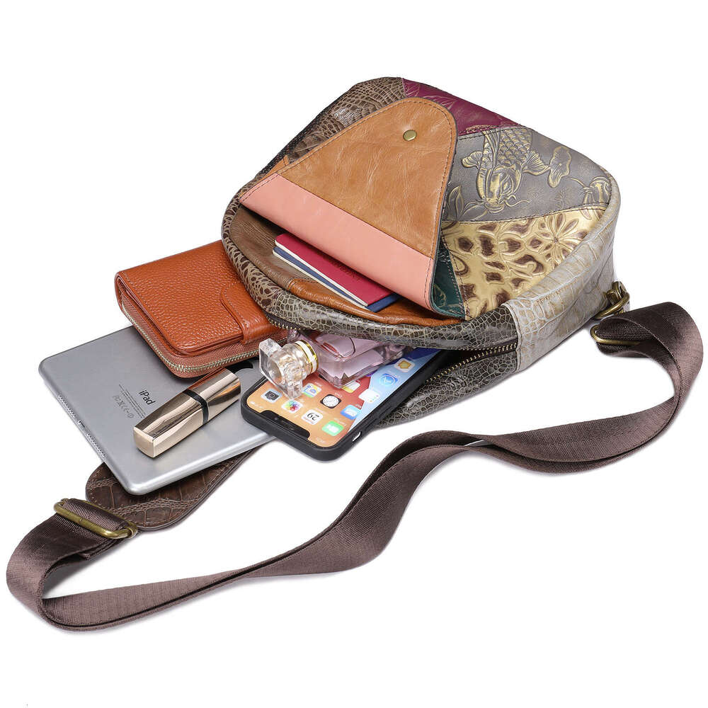 Women's Crossbody bag chest pack bag New Ethnic Style Personality Genuine Leather Chest For Women Ins First Layer Cowhide Patchwork