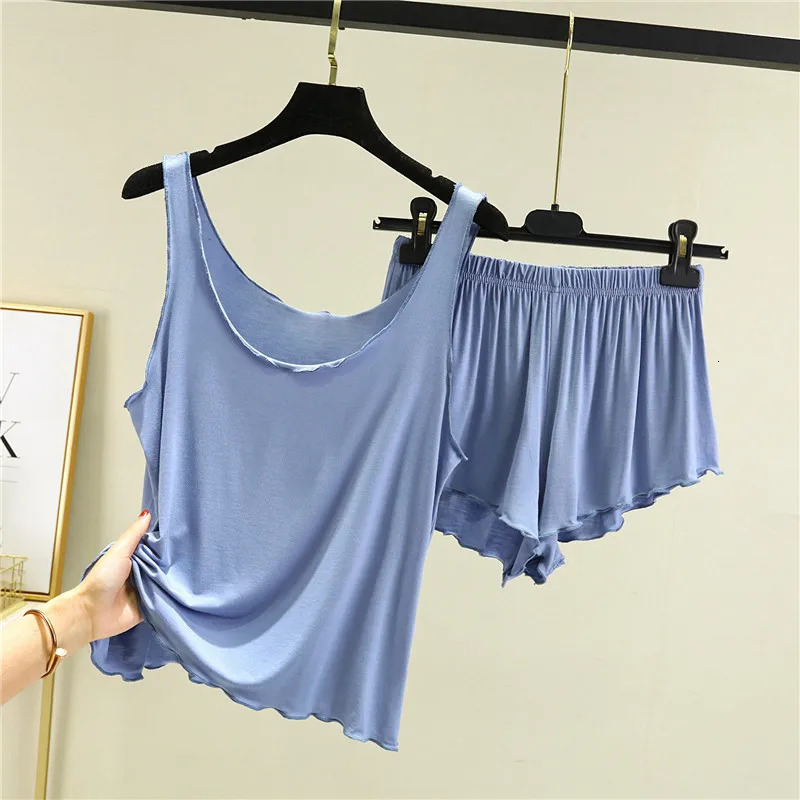 Casual Pyjama Pour Femme Summer Modal Tank Top Shorts Two-Piece Set Round Neck Sleeveless Home Wear Clothes Women Pajamas Suit 250616
