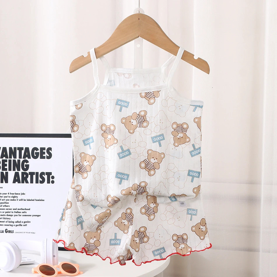 Summer Girls Sleeveless Childrens Pajamas Sets Strap Sleepwear Pants Skirt Thin Kids Baby Loungewear Set Childrens Top Clothes 250617