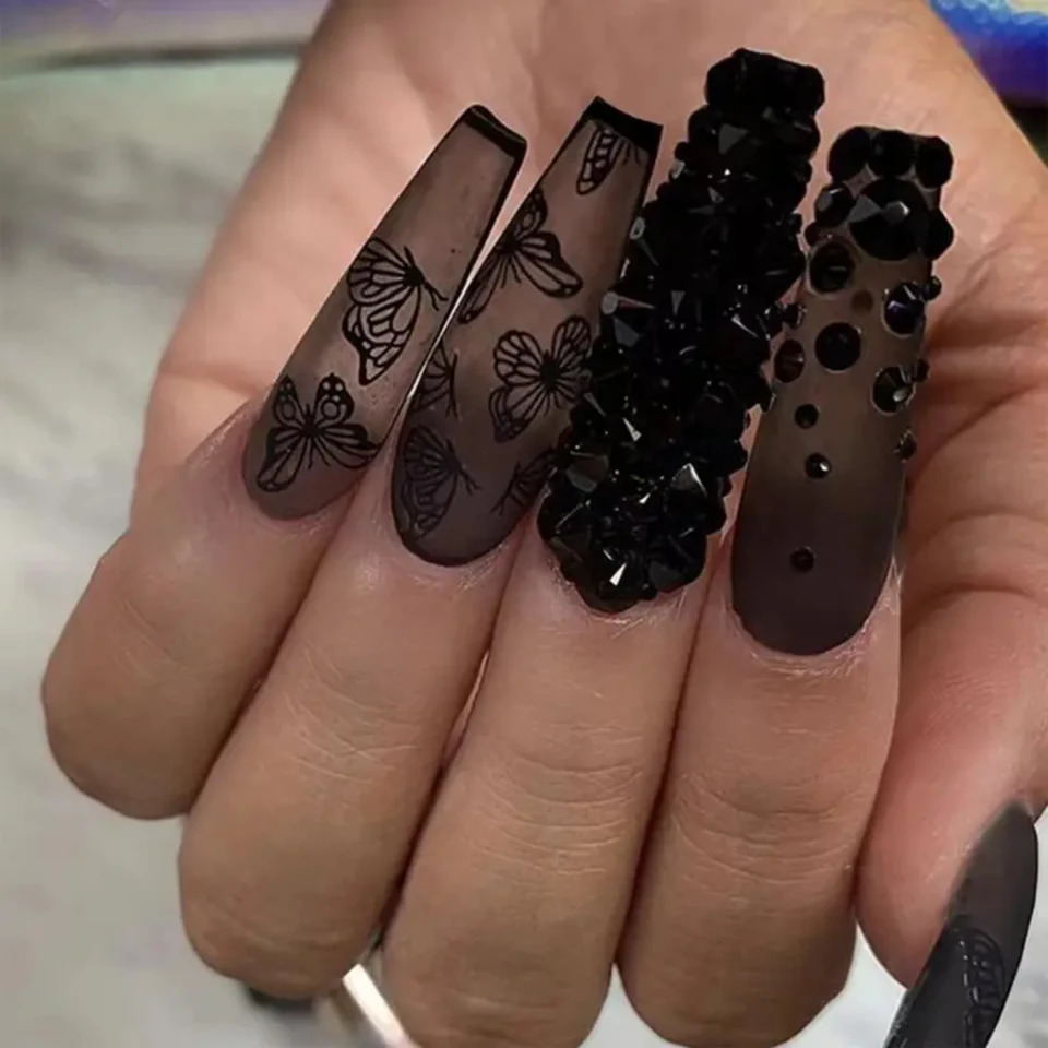 Beautiful and elegant matte black coffin fake nails adorned with stunning 3D rhinestone butterfly - long press on artific 250612