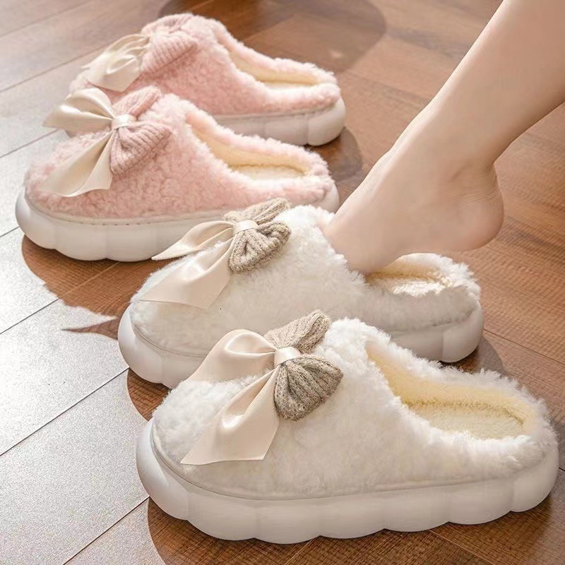 Women's cotton slippers autumn and winter indoor anti slip warm shoes, new cute plush bow high heels cotton slippers, designer shoes