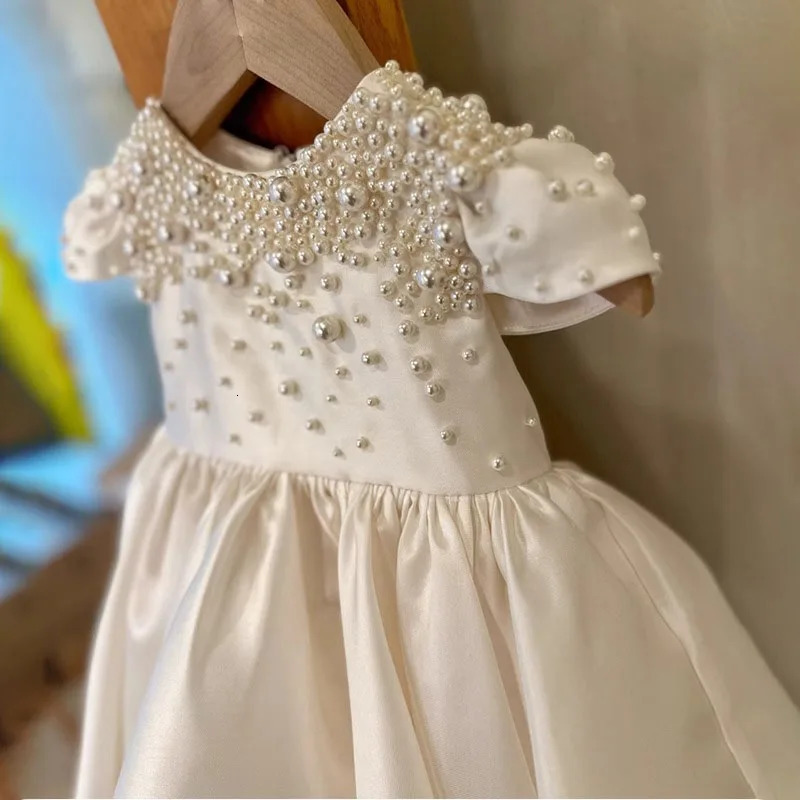 Baby Kids Princess Satin Pearls Bow Flower Girl Dress Children First Communion Dress Ball Gown Wedding Party Dress Birthday 250617