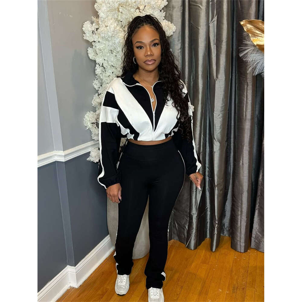 Loose Casual Street Fashion Color-Block Zipper Jacket And Pants Sports Set For Women B5