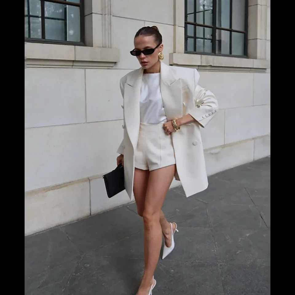 Chic White Short Pant Double Breasted Women Pants Set Female Two PiecesBlazerTrousers conjuntos femininos elegantes 250612