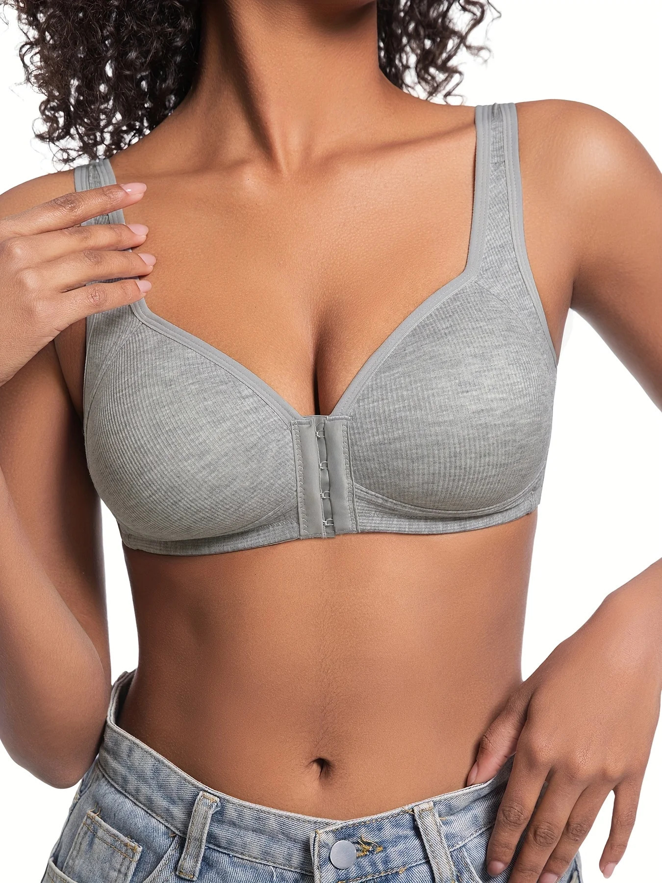 Womens Bra Wire-Free Front Closure Solid Color Full Coverage Fixed Cups More Considerate for Middle-Aged And Elderly Individual 250617
