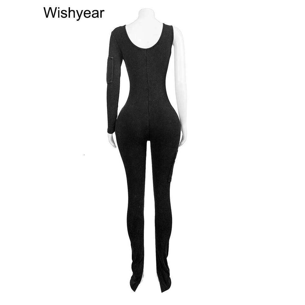 Fiess Joggers Rompers Women's Black Pocket Single Shoulder Washed Ribbed Jumpsuits One Piece Outfits Sports Skinny Overalls