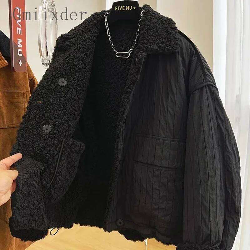 2024 New High-end Imitation Lamb Wool Women Autumn Winter Loose Thickened Warm Reversible Cotton-padded Jacket Preppy