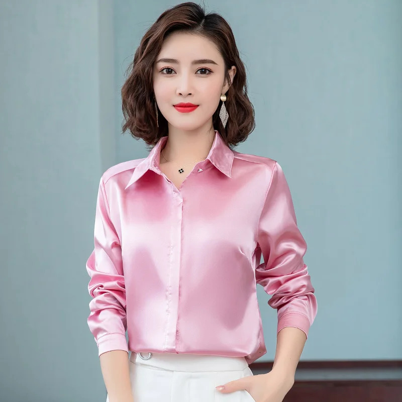 Elegant Office Ladies Work Shirt Women Blouse Long Sleeve Lapel Hidden Buttons Bright Basic Satin Silk Women Shirt Female Tops 250616
