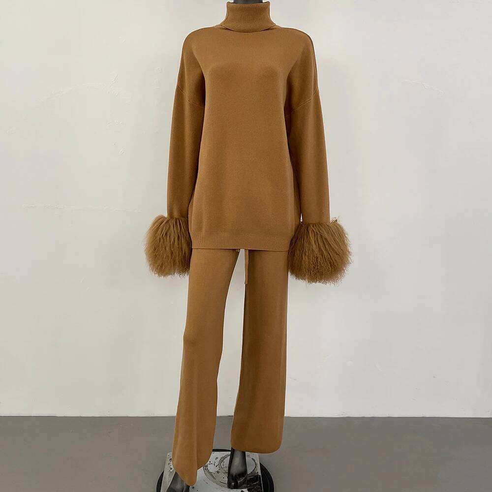 DEBAIFUR 2025 Spring Autumn Cardigan Real Mongolia Sheep Fur Sweater Women Knitted Long Pant Sets High Collar Knitwear Female