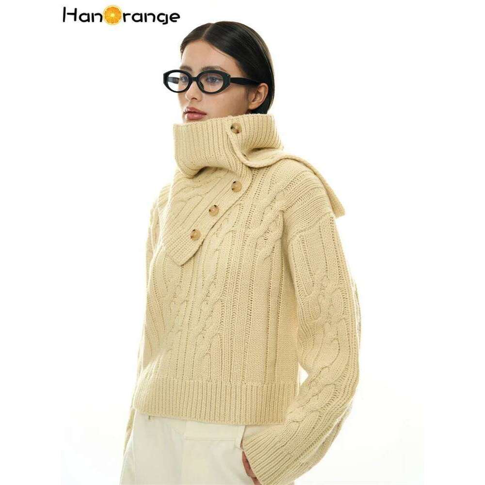 HanOrange 2024 Early Spring Fashion Twisted Wool Scarf Sweater Women Two-piece Set Thick Warm Pullover Top Apricot/Light Gray