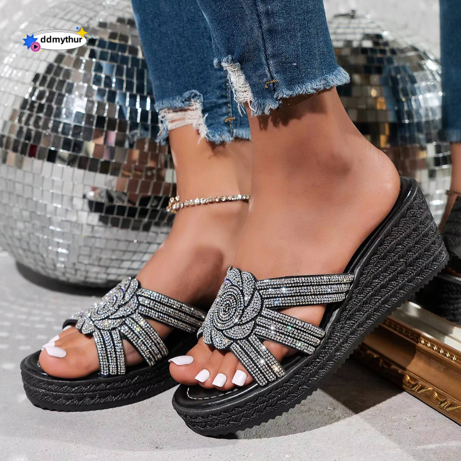 Deer Form Women'S Summer Wedge Fashion Slope Heel Open Toe Sticky Diamond Outdoor Slippers For Women 2024 ddmythur