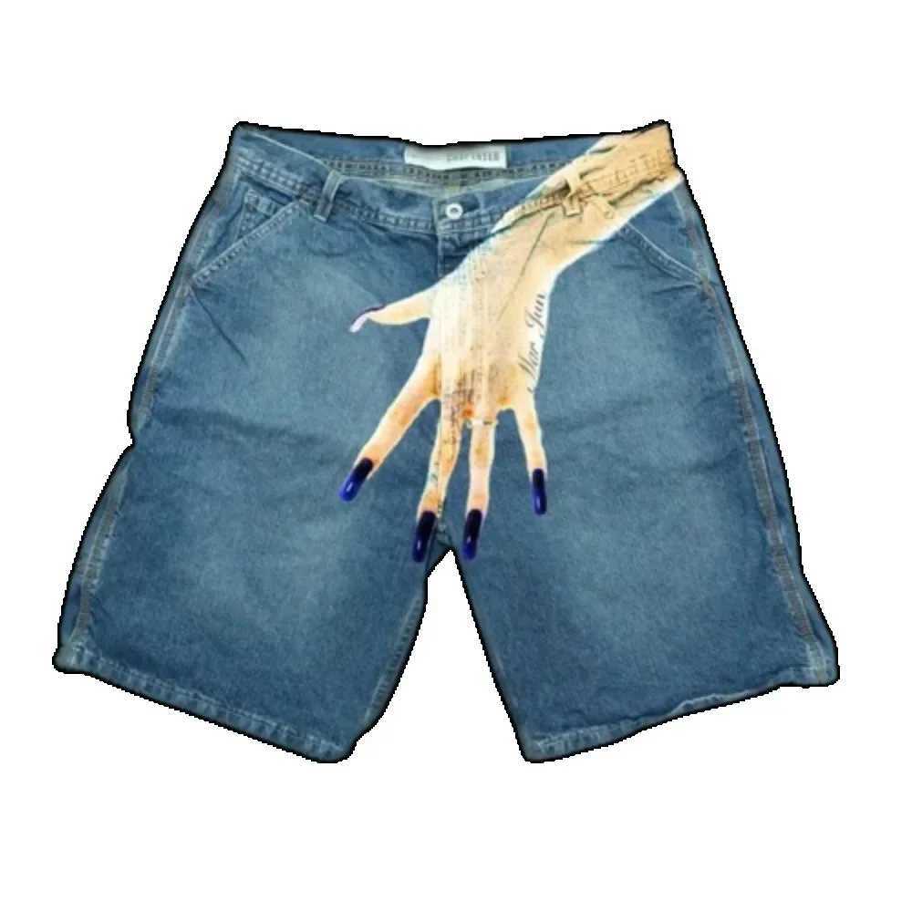 Y2K Baggy Denim Shorts Harajuku Blue vintage Finger Print Hip Hop Summer New Men Women Gothic Men Basketball Shorts Streetwear Z250617