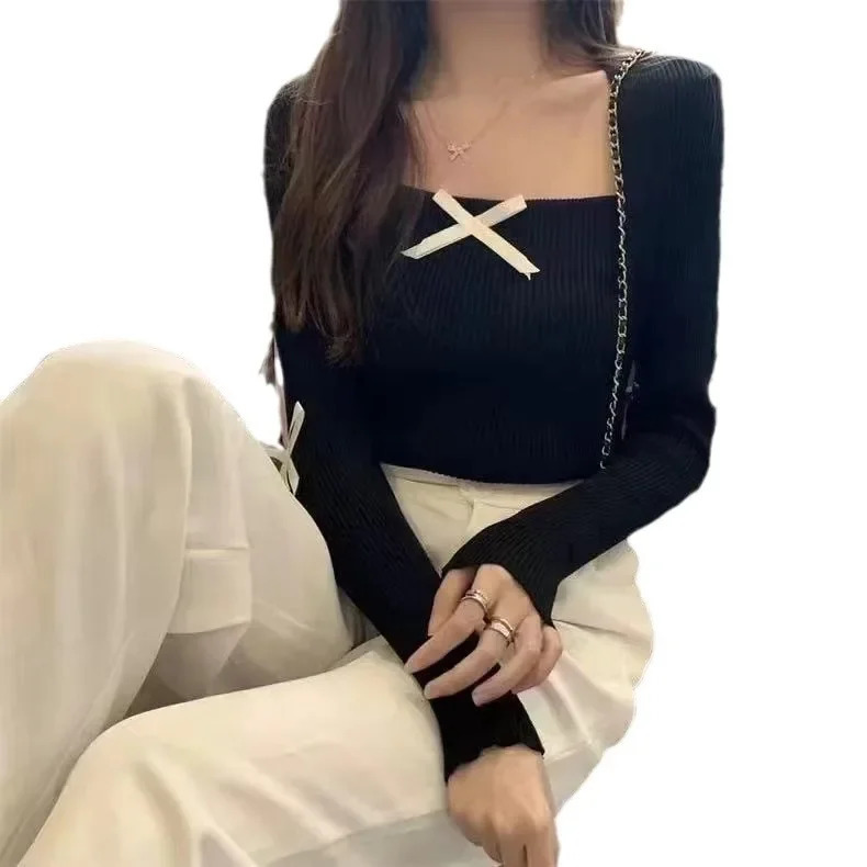 Autumn Pure Desire Aesthetic Korean Style Womens Clothing Solid Color Bow Hollow Long Sleeve Top Knitted Top 250614