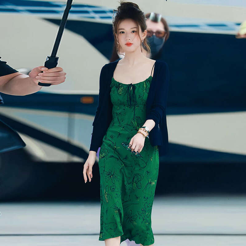 Maxi Dress Bodysuit Skirt Dress Festival Wedding Guest Dress for Women 762 Zhao Lusi Celebrity Style Green Ballet Girl and Butterfly Print Silk Slip D