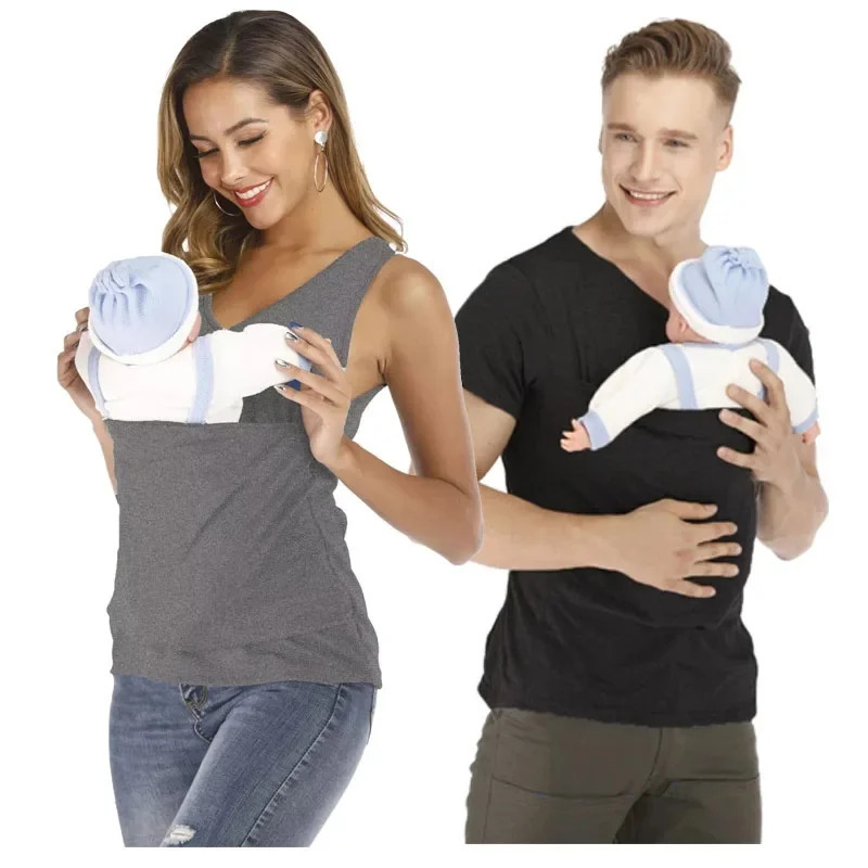 Kangaroo Safety Pocket T-Shirt Baby Summer Pregnancy Feeding Nylon Cotton Clothing Father Mother Short Sleeves Tops 250617
