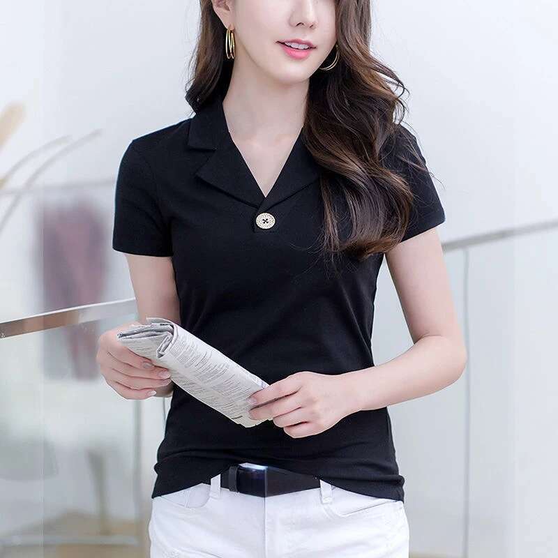 T-shirt Woman Button Tops Short Sleeve Tee Clothing Plain Polo Neck Shirts for Women Trend Luxury Polyester High Quality Sale V