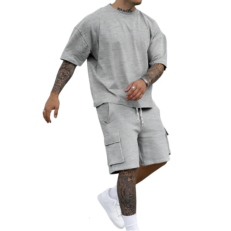Summer mens round neck short sleeve T-shirt shirt shorts two-piece suit loose large size ice 250616