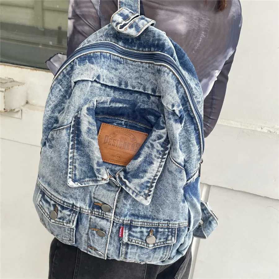Vintage Washed Denim Backpack Multi-pocket Womens Backpack Casual Large Capacity Laptop School Bags for s Blue Z250617