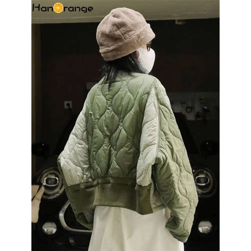 HanOrange 2024 Winter Color Contrast Cotton Padded Jacket Women Loose Light Casual Warm Parkas Female Sense Design Black/Green