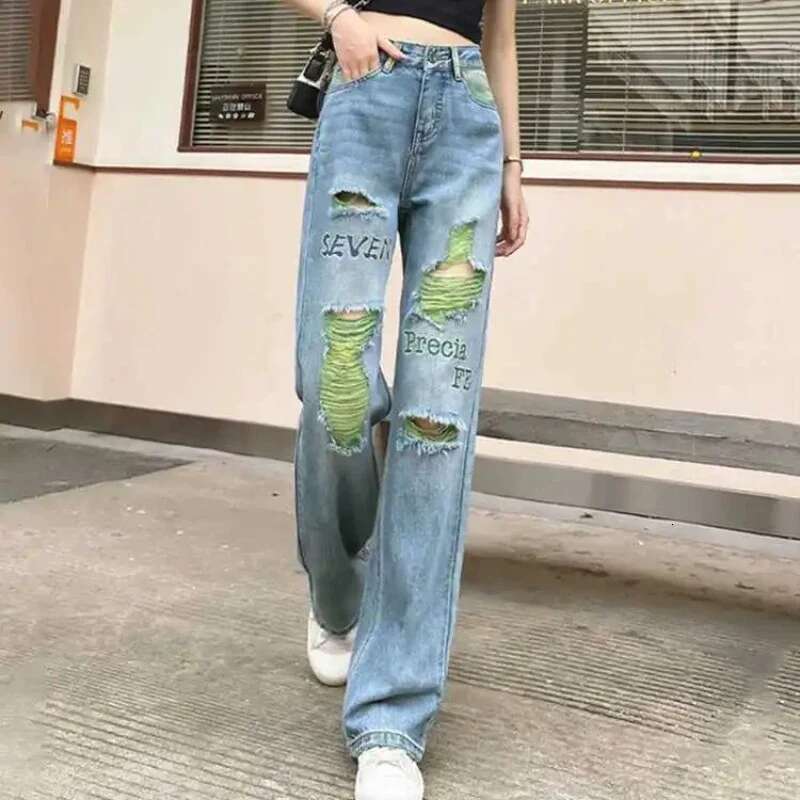 Cowboy Pants for Woman 2025 Fashion Letter Womens Ripped Jeans A Harajuku New In Korean Style Shiny R Trend With Holes Trousers